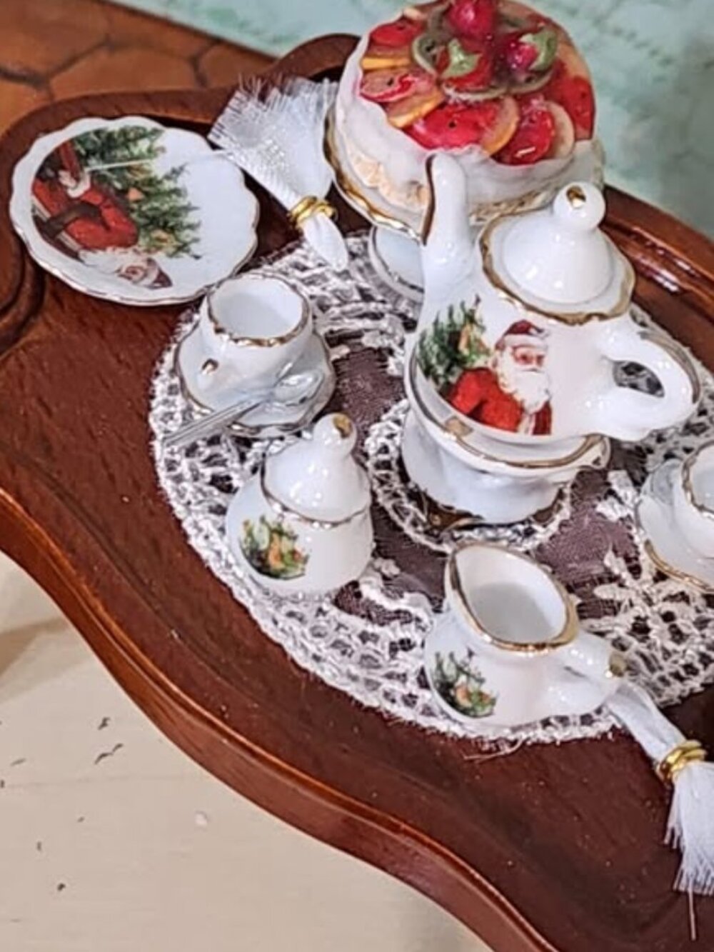 Vintage Dollhouse Miniature Christmas Tea Table w/Accessories 1:12